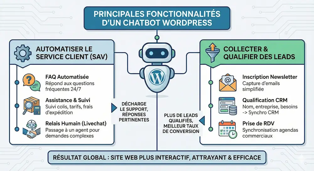 Fonctionnalit&eacute;s chatbot WordPress