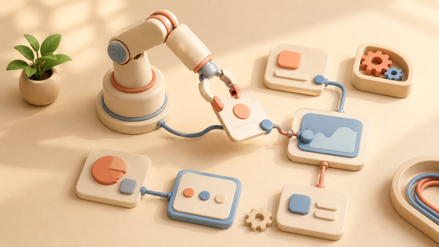 Atelier d'automatisation avec bras robotisé reliant plusieurs outils, illustrant un agent IA qui agit