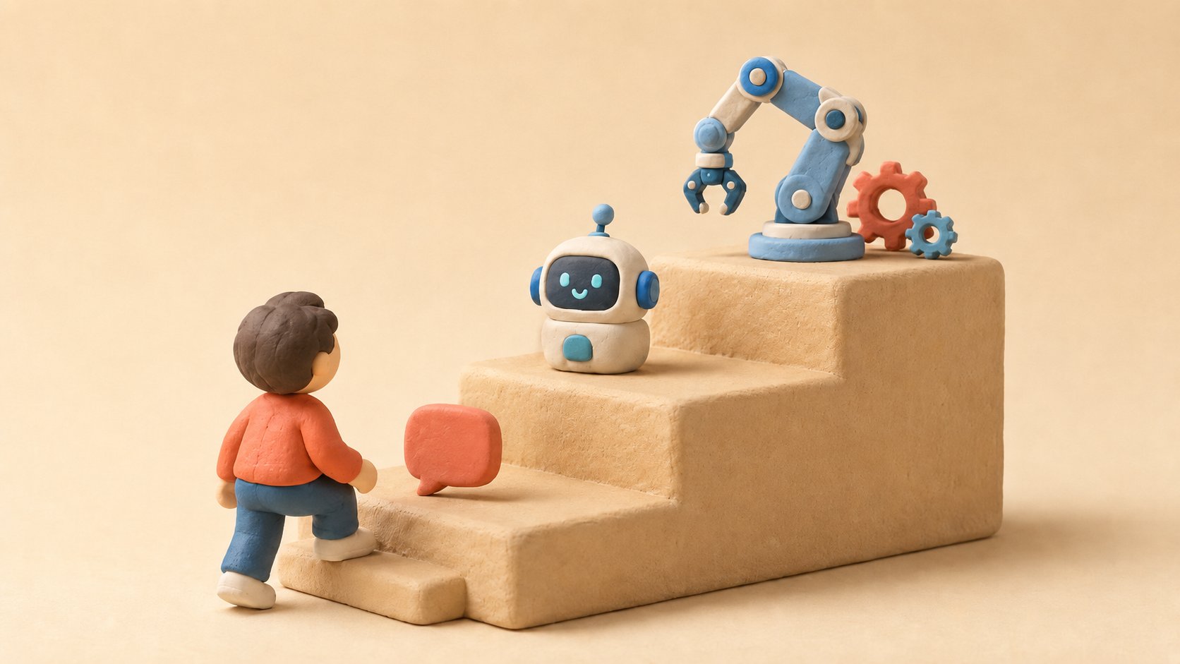 Une personne gravit des marches : d'un simple chatbot vers un agent IA, on monte en autonomie selon le besoin