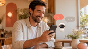 Homme souriant discutant avec un chatbot sur son smartphone dans un cafe