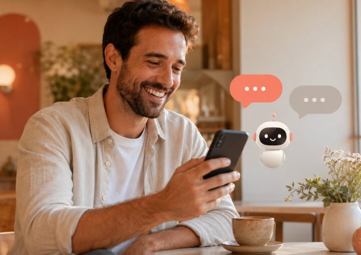 Homme souriant discutant avec un chatbot sur son smartphone dans un cafe