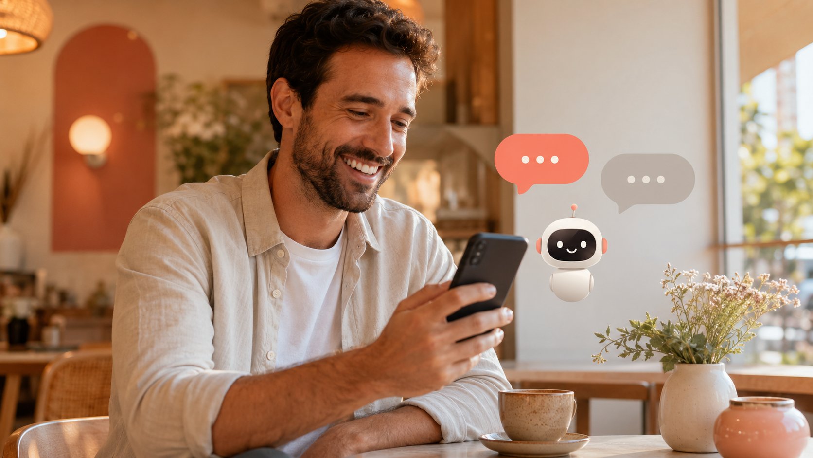 Homme souriant discutant avec un chatbot sur son smartphone dans un cafe