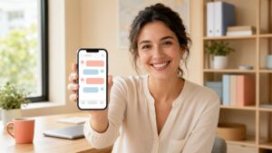 Collaboratrice souriante montrant un chatbot RH sur son smartphone dans un bureau lumineux