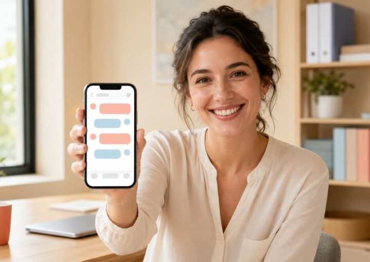 Collaboratrice souriante montrant un chatbot RH sur son smartphone dans un bureau lumineux