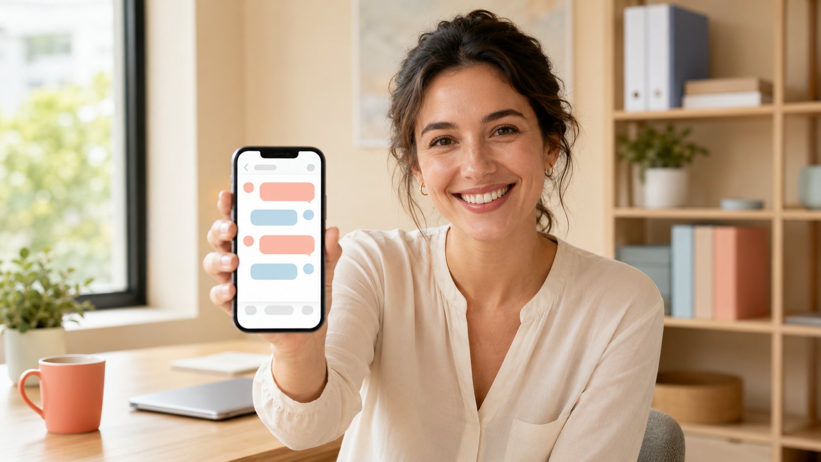 Collaboratrice souriante montrant un chatbot RH sur son smartphone dans un bureau lumineux
