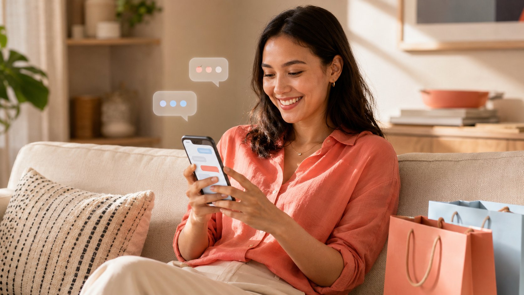 Personne utilisant un chatbot sur son smartphone pour faire un achat en ligne