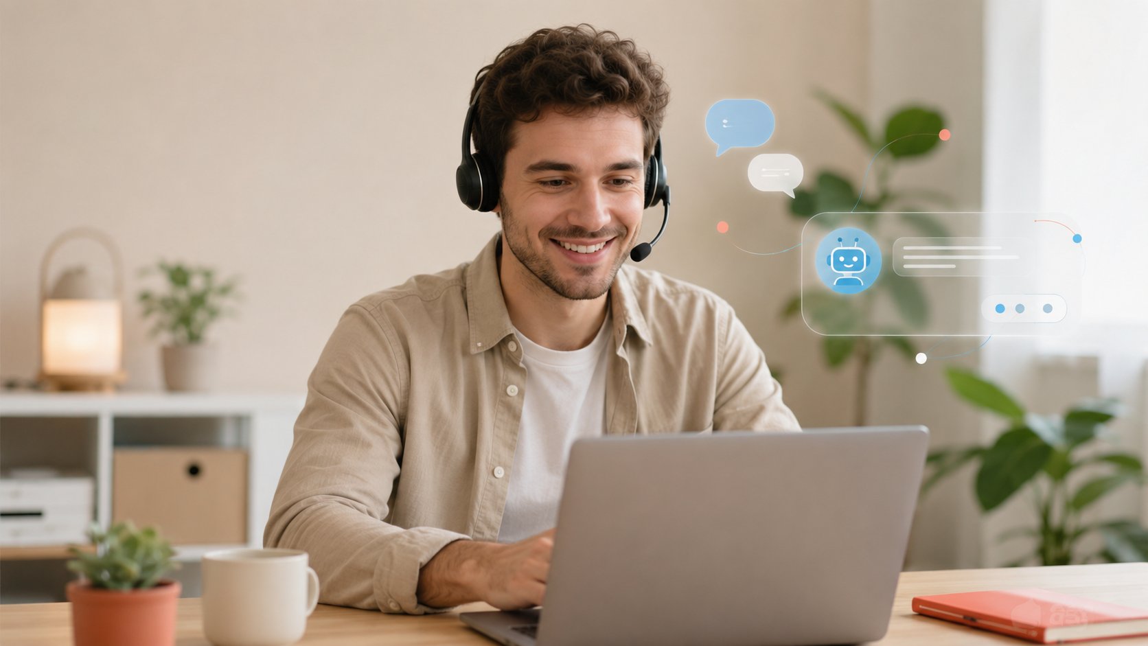 Conseiller souriant avec casque audio gérant le service client assisté par un chatbot