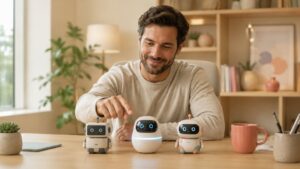 Un homme choisit entre trois types de chatbot : simple, intelligent et hybride