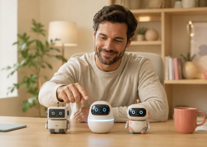 Un homme choisit entre trois types de chatbot : simple, intelligent et hybride