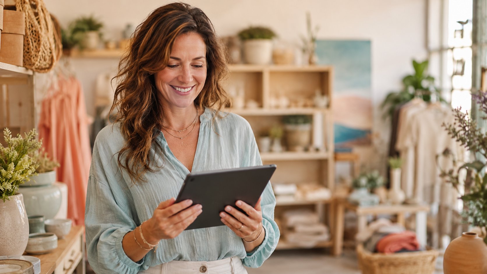 Commerçante utilisant un chatbot sur tablette pour répondre à ses clients
