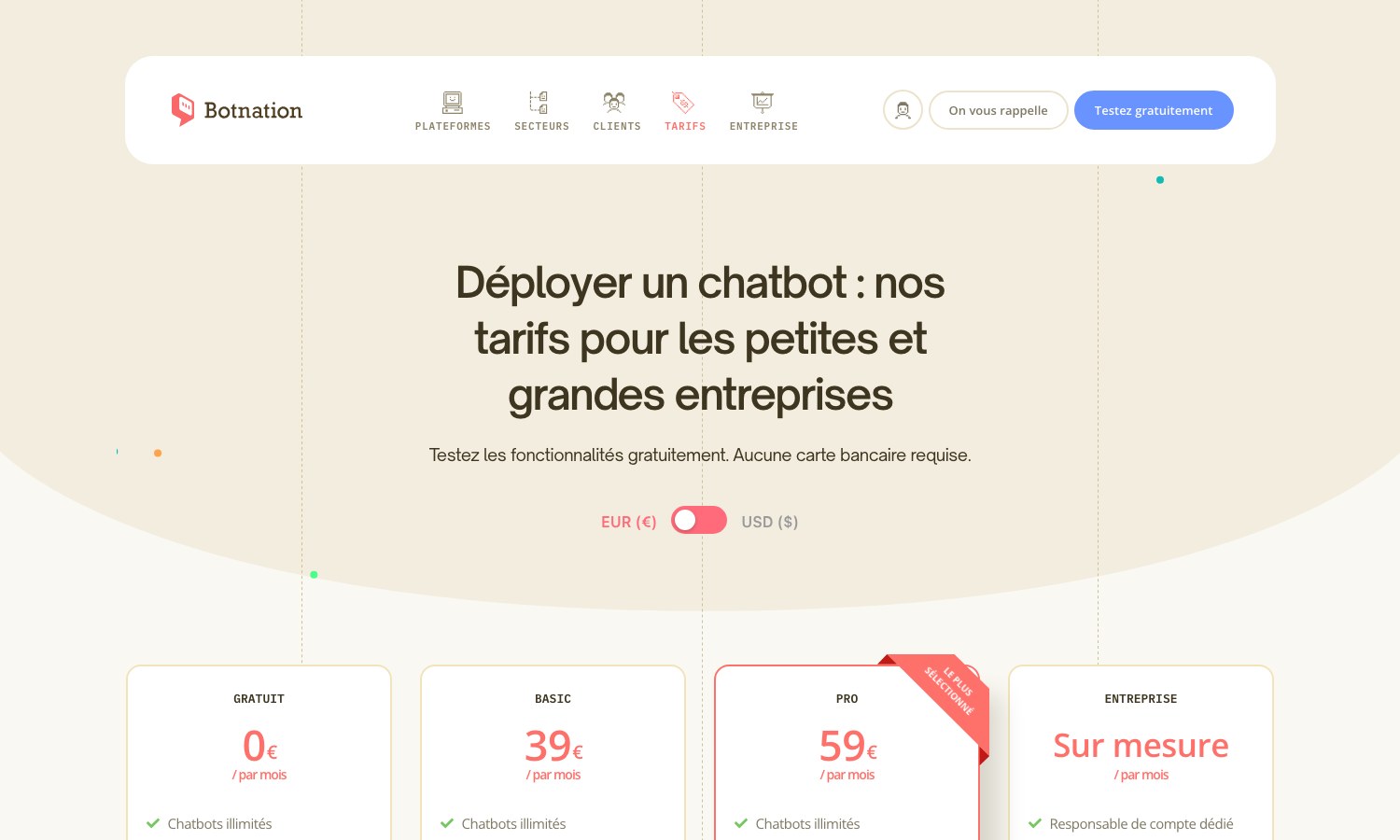 Capture de la page tarifs de Botnation avec les offres Gratuit 0 euro, Basic 39 euros, Pro 59 euros et Entreprise sur mesure