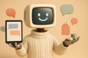 Mascotte robot a tete d ecran cathodique tenant une tablette affichant une conversation de chatbot et une etiquette de prix