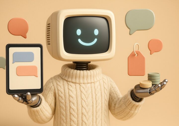 Mascotte robot a tete d ecran cathodique tenant une tablette affichant une conversation de chatbot et une etiquette de prix