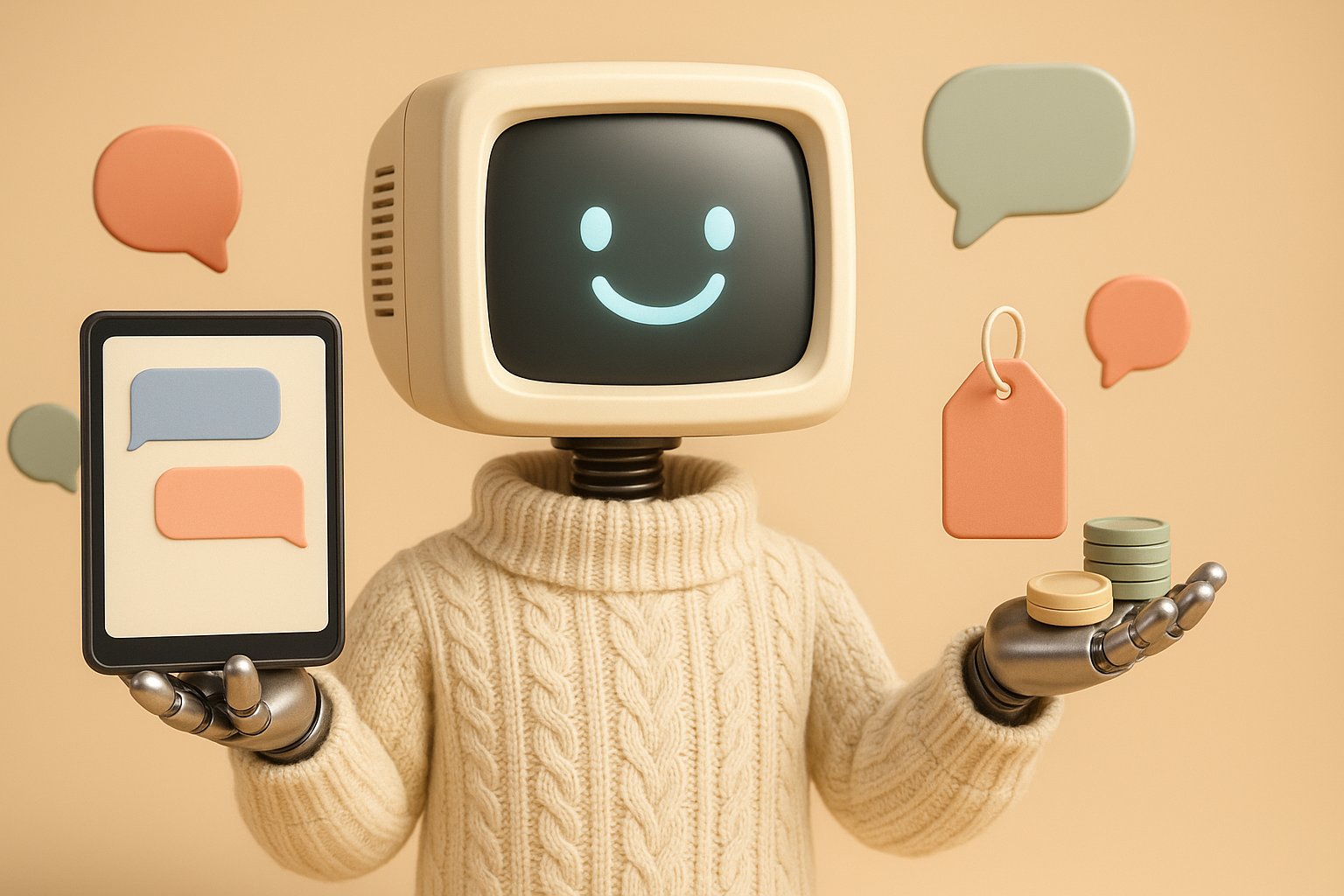 Mascotte robot a tete d ecran cathodique tenant une tablette affichant une conversation de chatbot et une etiquette de prix