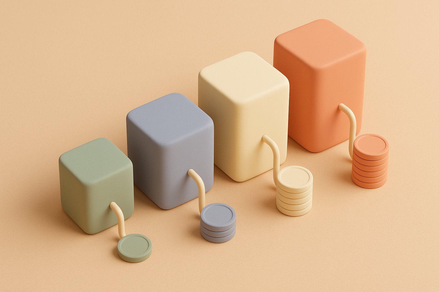 Four 3D blocks of increasing size, each connected to a taller stack of coins, illustrating the power to price ratio of the Claude models