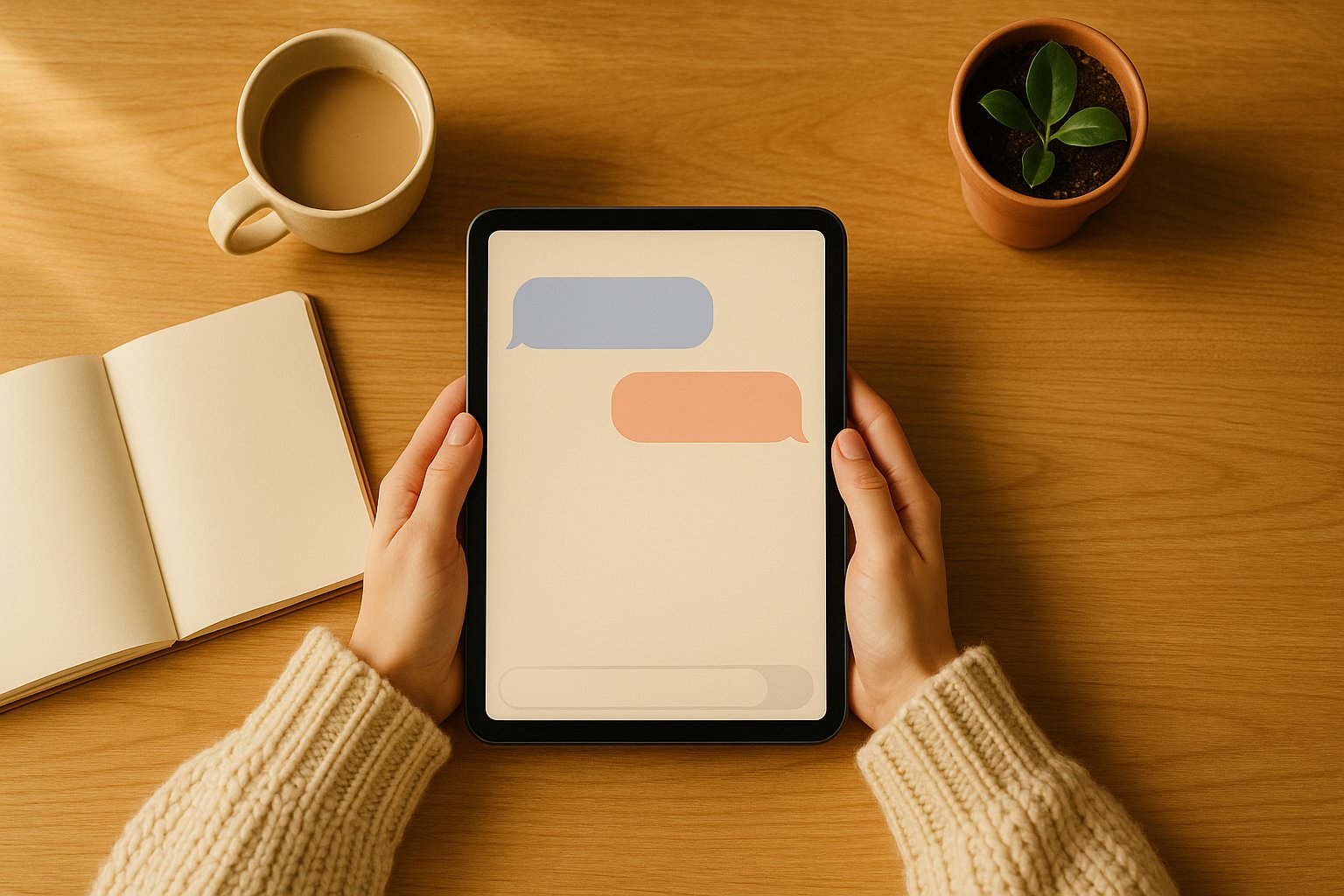 Hands in a cream knit sweater holding a tablet on a light wood desk, showing a chatbot conversation