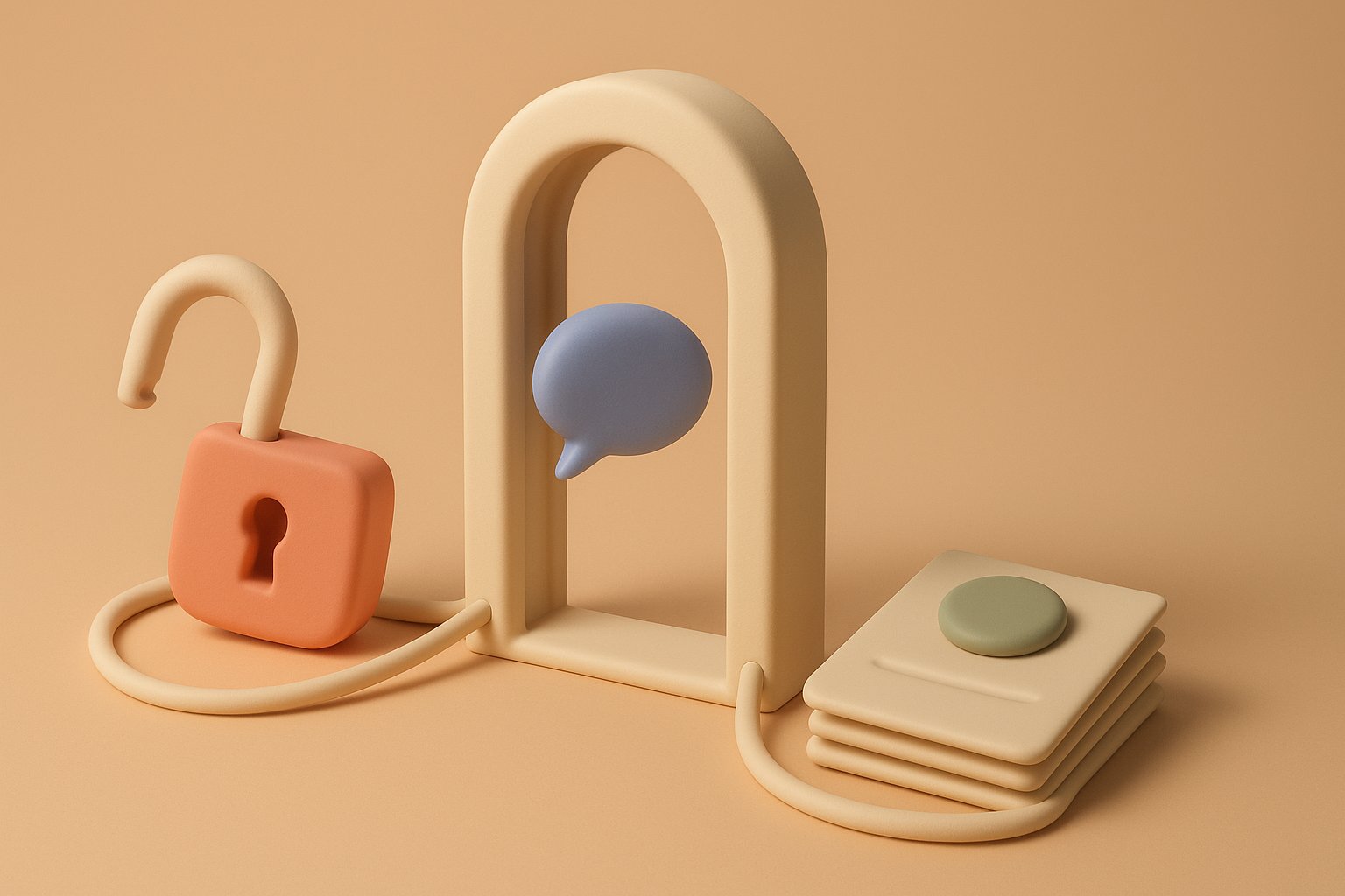 An open padlock, a sealed stack of documents and a speech bubble drifting out through an open doorway