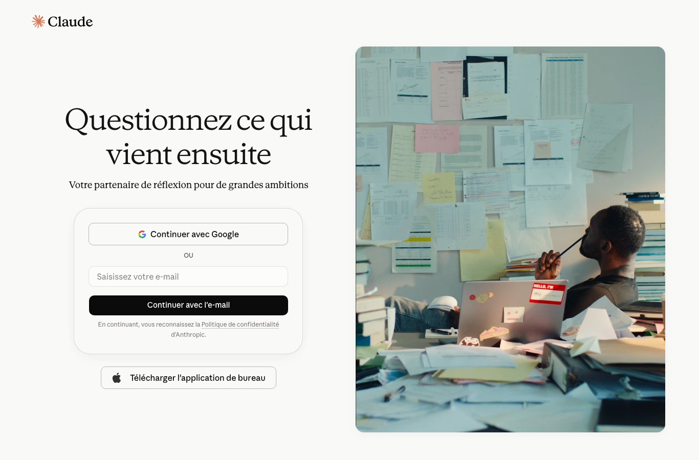 Capture de la page de connexion de Claude affichée en français
