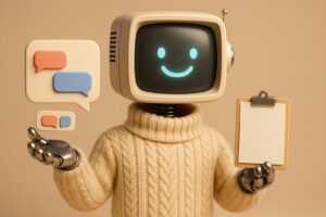 Mascotte robot a tete de moniteur retro tenant une maquette de chatbot et un presse-papiers de devis vierge
