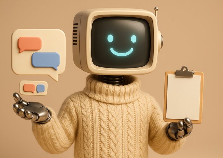 Mascotte robot a tete de moniteur retro tenant une maquette de chatbot et un presse-papiers de devis vierge