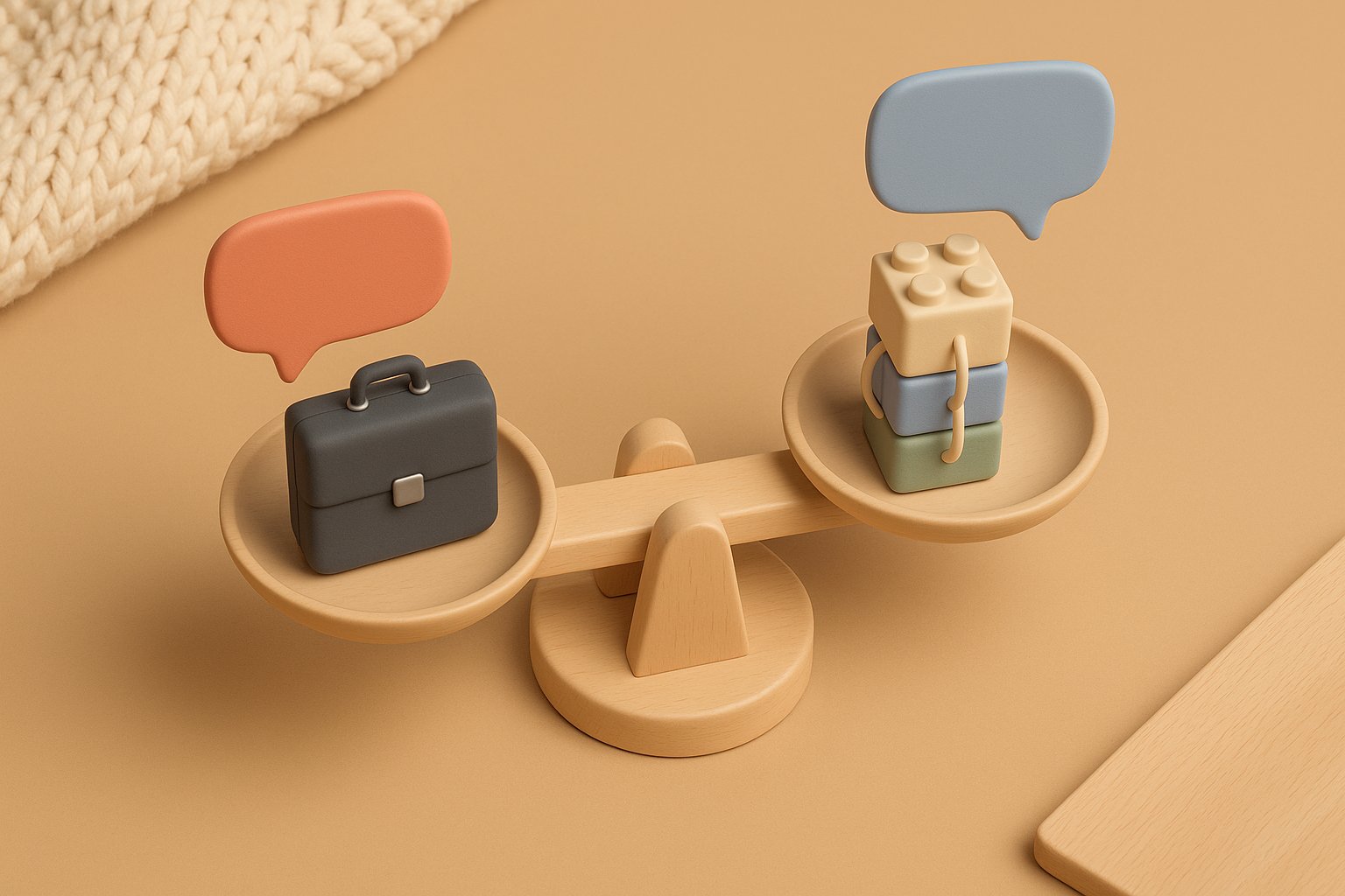 Balance en bois clair comparant une mallette de prestataire et des blocs no-code assemblés, avec des bulles de conversation