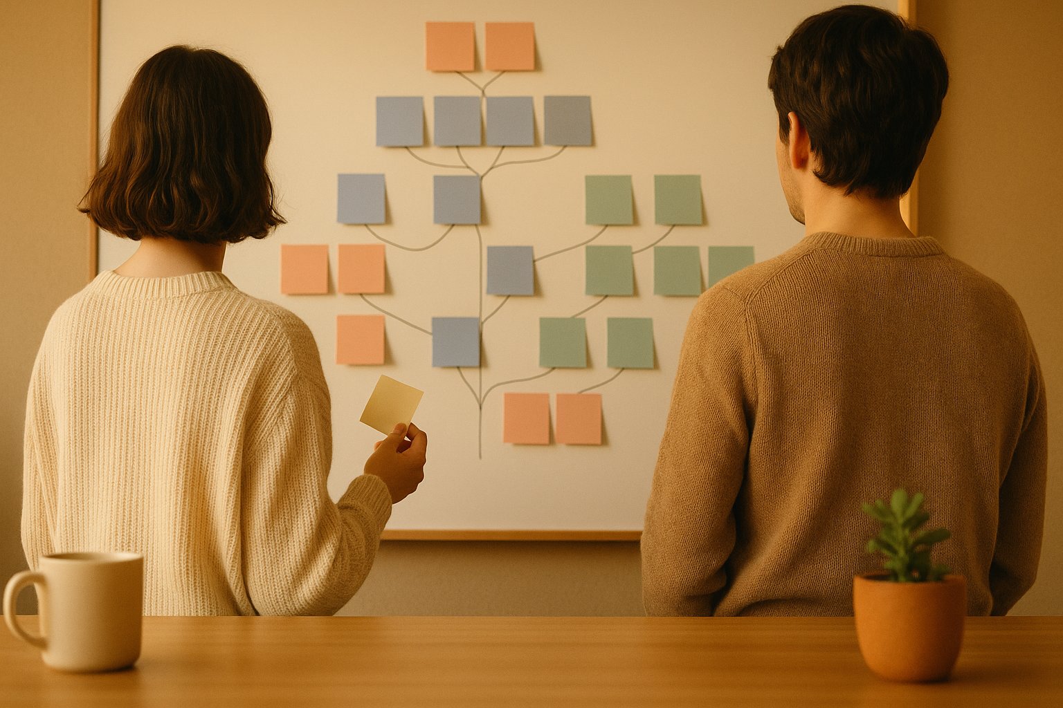 Deux personnes de dos devant un tableau couvert de post-it colorés organisés en arborescence, lors d'un atelier de cadrage de chatbot