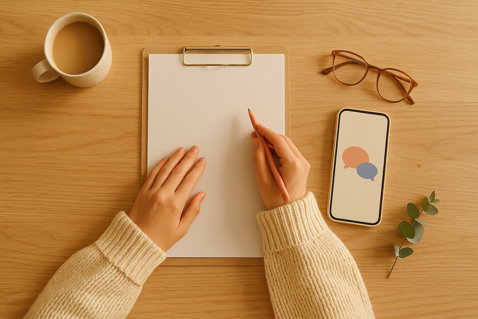 Mains en pull crème relisant un document vierge sur un presse-papiers, avec un smartphone affichant des bulles de conversation