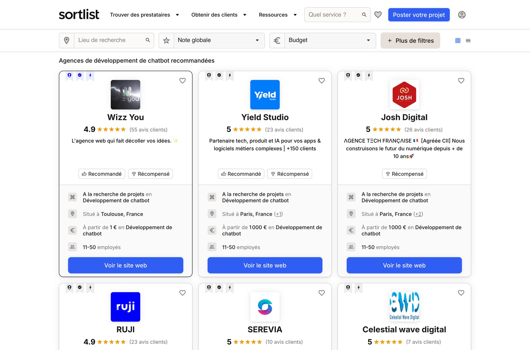 Annuaire Sortlist listant des agences françaises de développement de chatbot avec leurs notes et budgets d'entrée