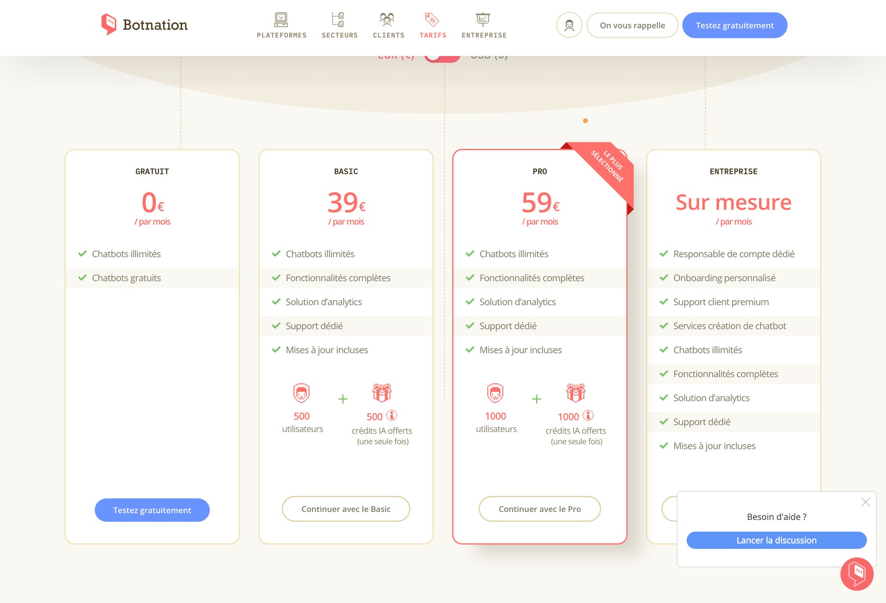 Grille tarifaire de Botnation affichant les offres Gratuit, Basic 39 euros, Pro 59 euros et Entreprise sur mesure