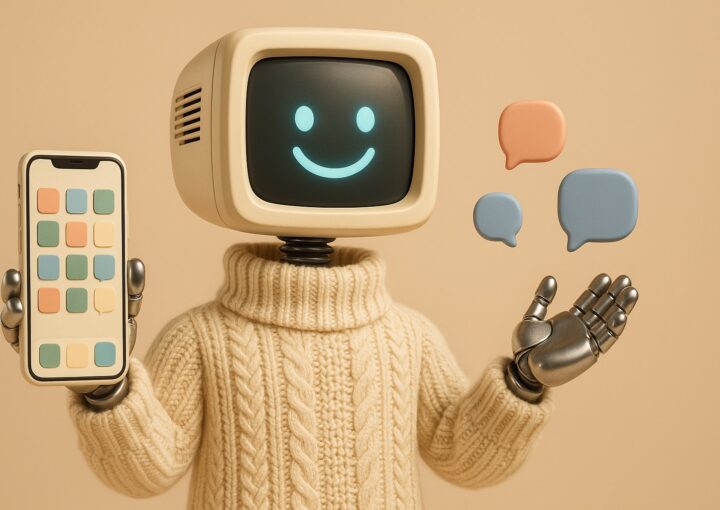 Mascotte robot a tete de moniteur retro tenant un smartphone affichant une grille d'icones d'applications et des bulles de conversation