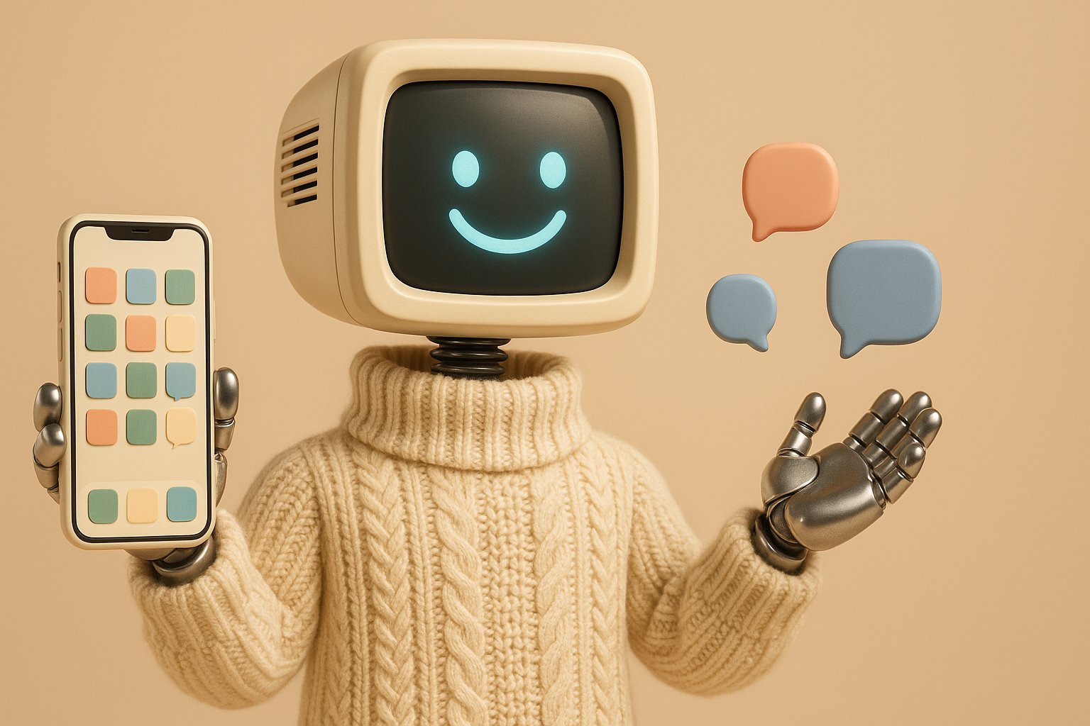 Mascotte robot a tete de moniteur retro tenant un smartphone affichant une grille d'icones d'applications et des bulles de conversation