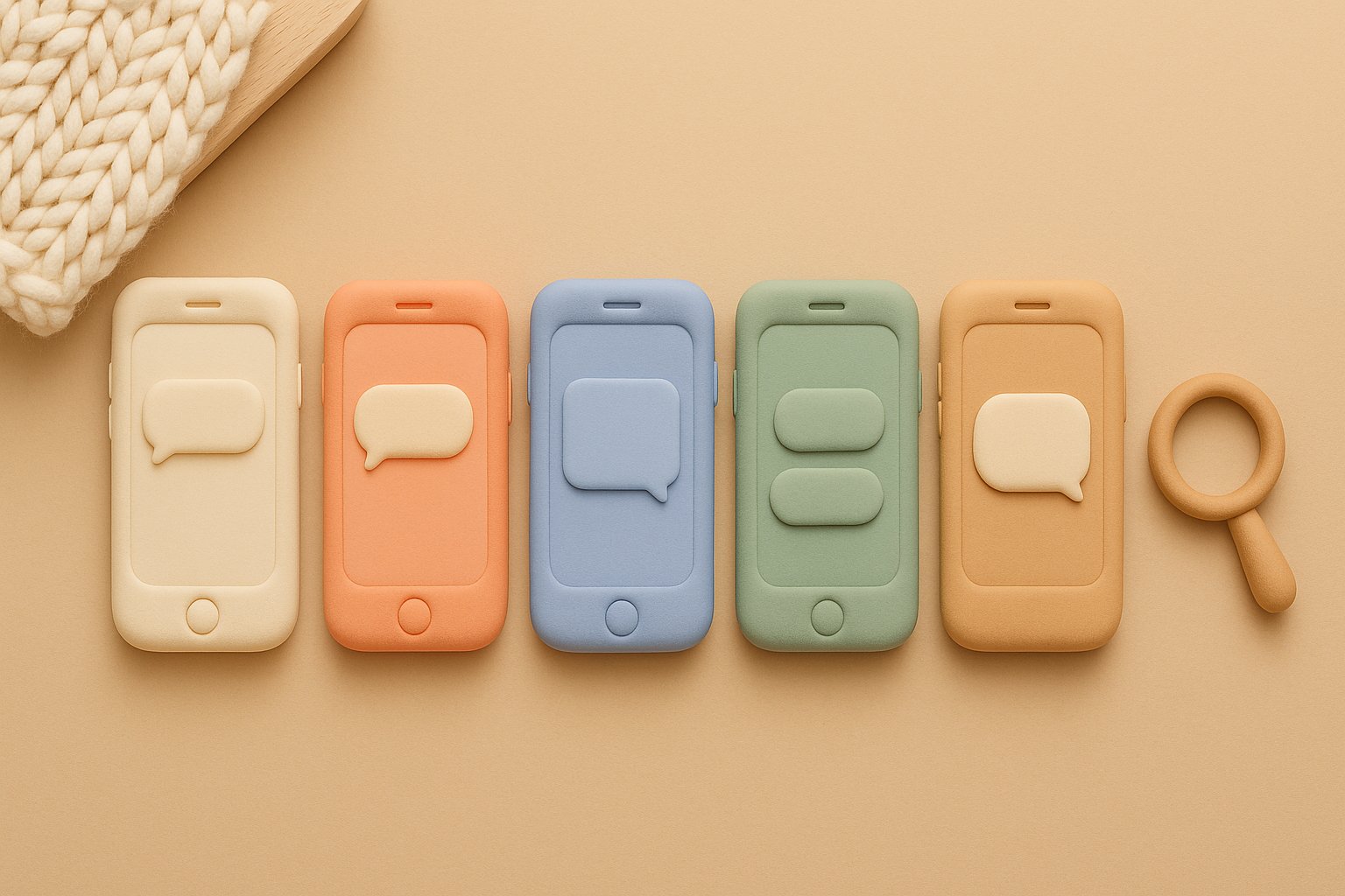 Five chatbot apps shown as five colorful smartphones displaying conversation bubbles, seen from above