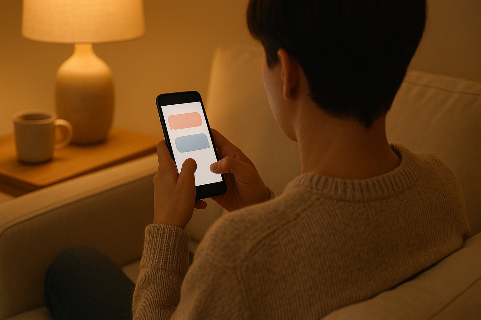Person seen from behind in a warmly lit living room, chatting with a chatbot app on their smartphone in the evening