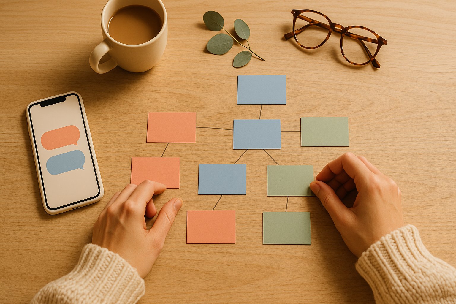 Hands laying out colored cards in a tree structure on a light wooden desk, next to a smartphone showing conversation bubbles