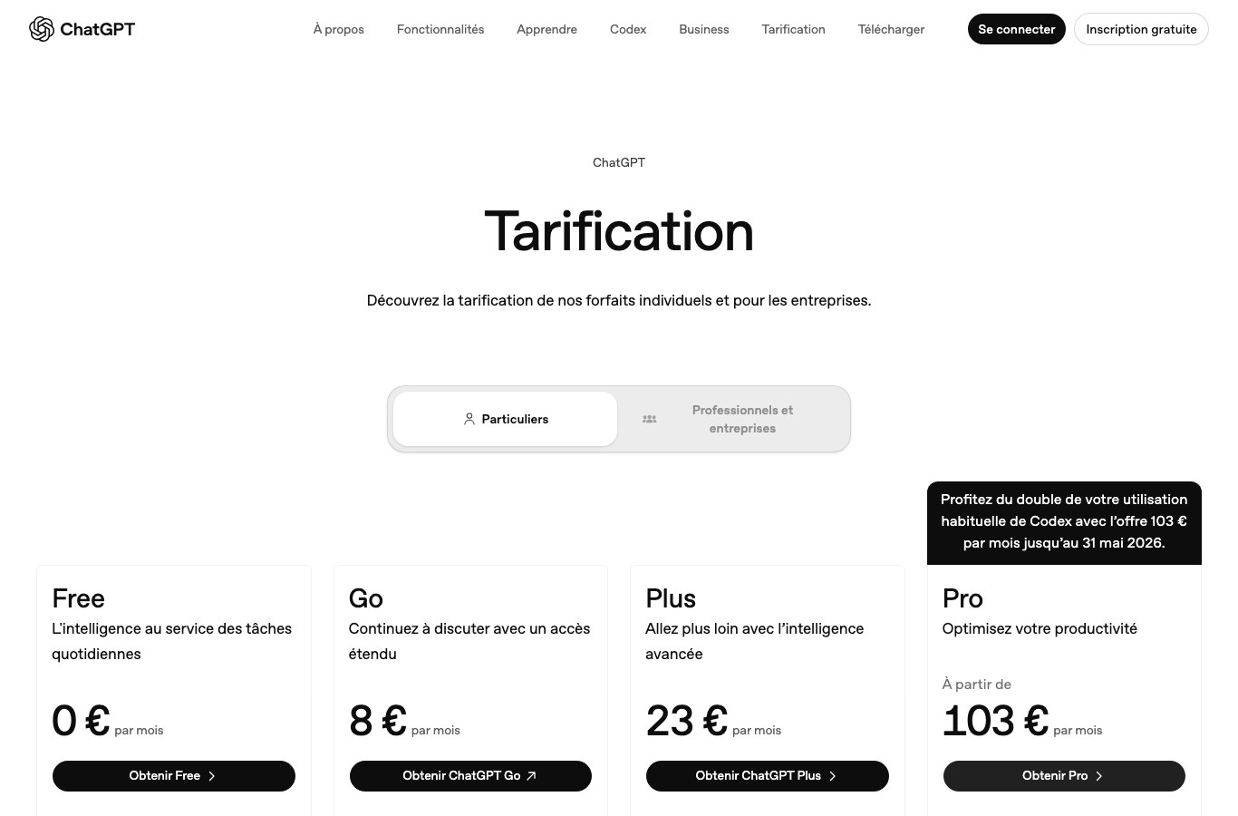 Page de tarification officielle de ChatGPT en français affichant les offres Free à 0 euro, Go à 8 euros, Plus à 23 euros et Pro à partir de 103 euros par mois