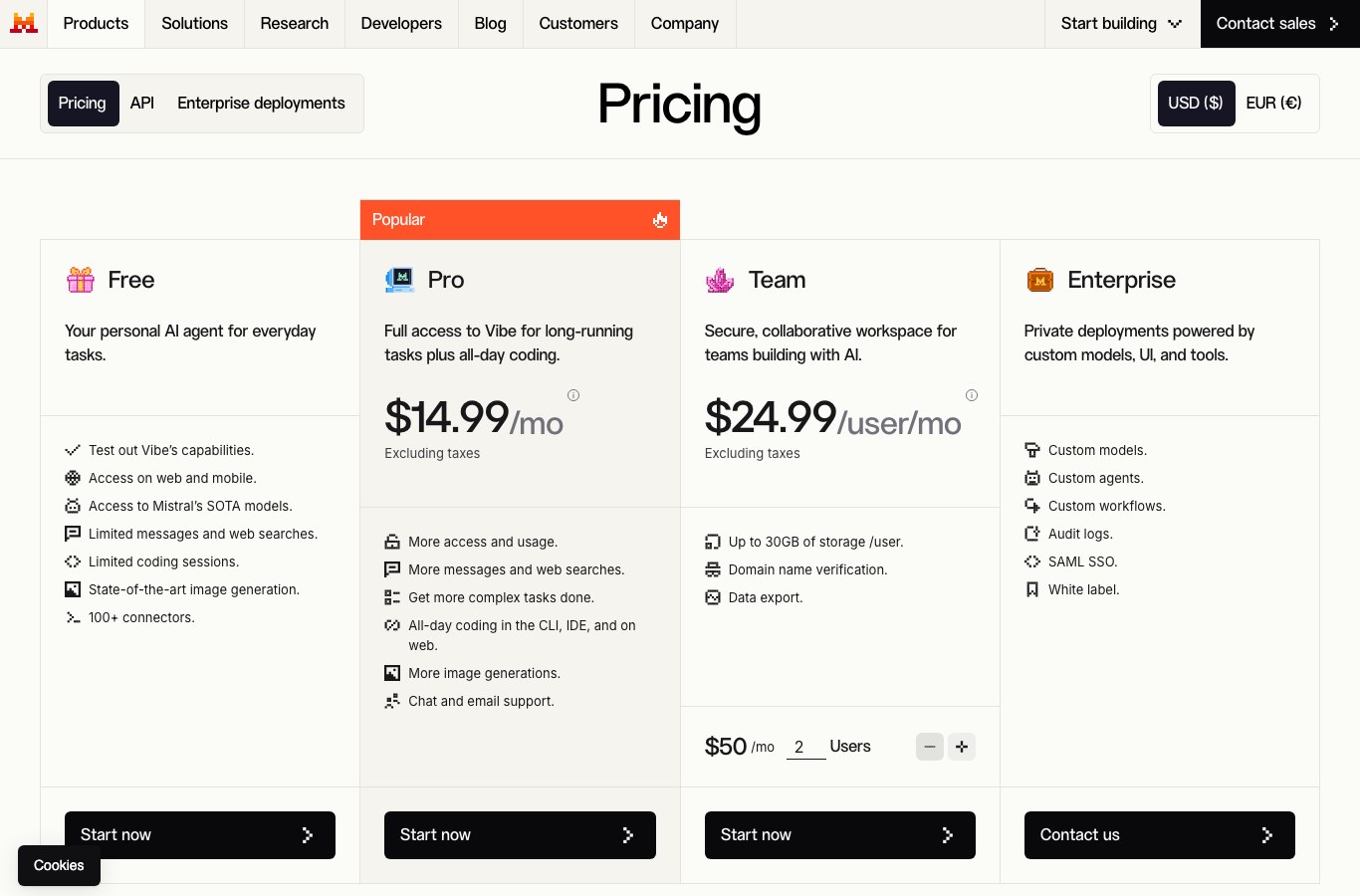 Official Mistral AI pricing page showing the Free, Pro, Team and Enterprise plans for Vibe