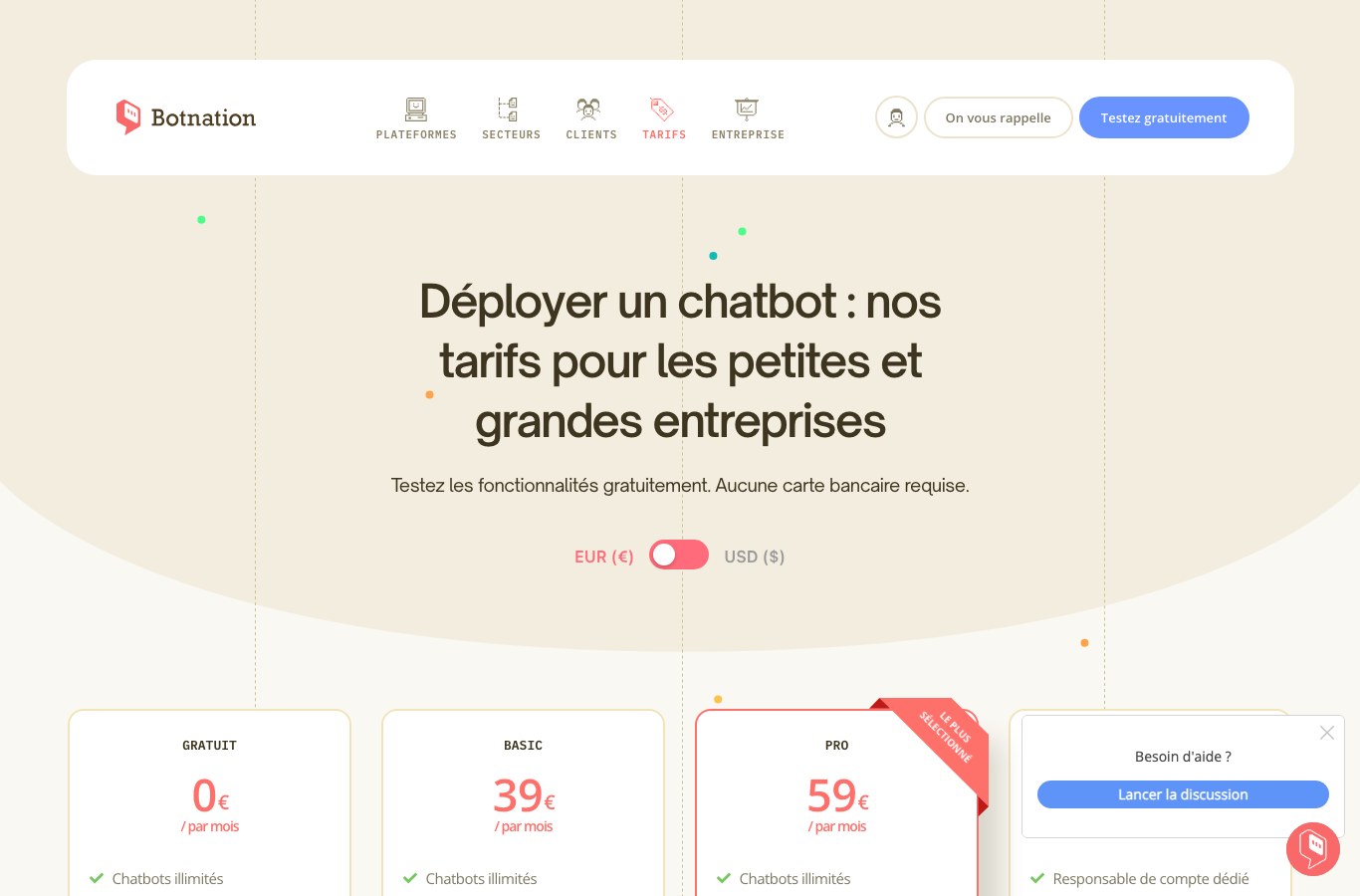 Grille tarifaire de Botnation affichant les offres Gratuit à 0 euro, Basic à 39 euros et Pro à 59 euros par mois