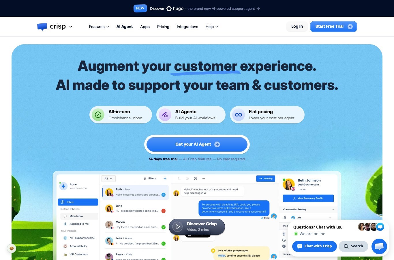Screenshot of the AI agent page of the French vendor Crisp
