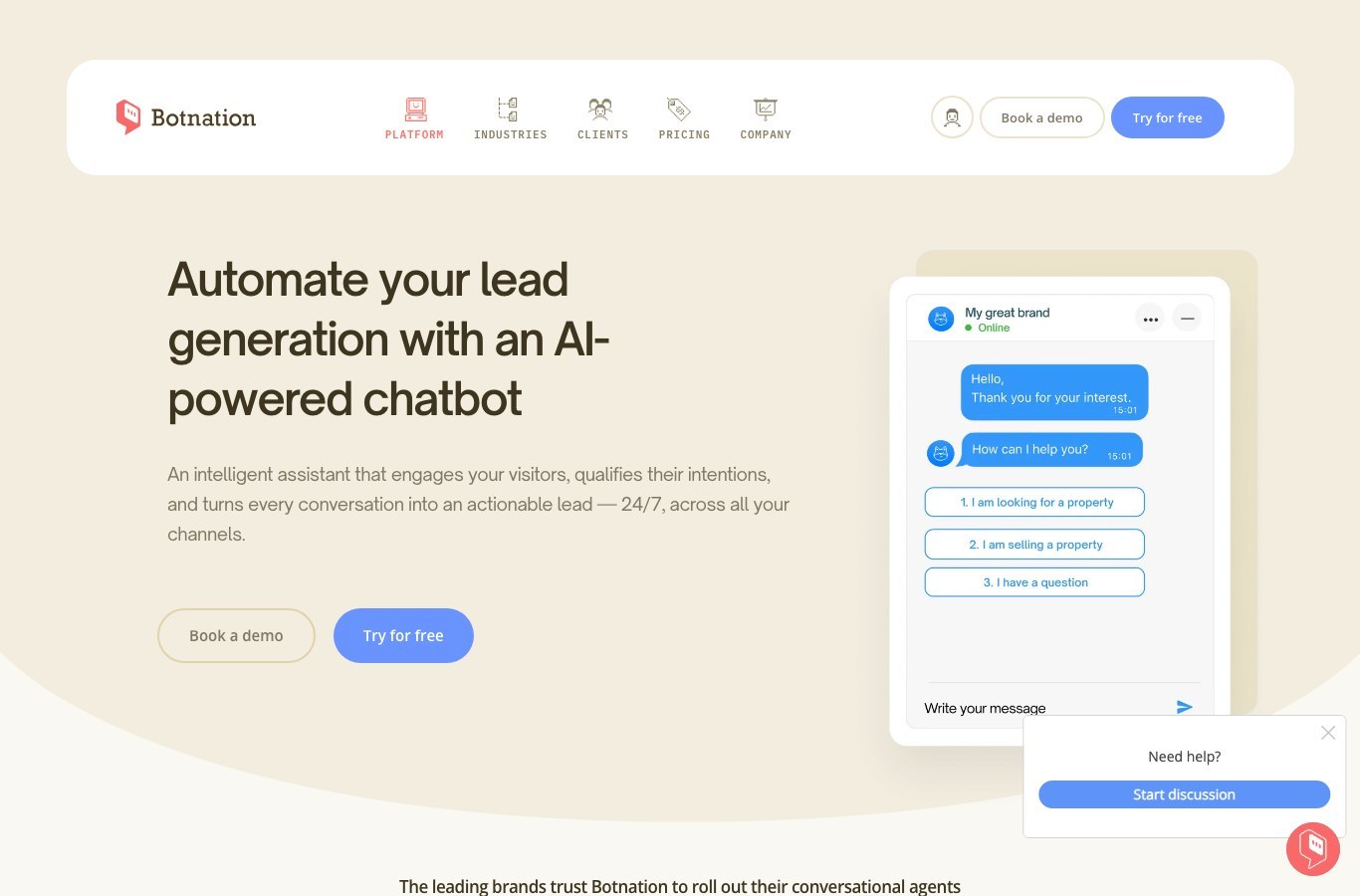 Screenshot of the Botnation lead generation page showing a chatbot offering three qualification choices