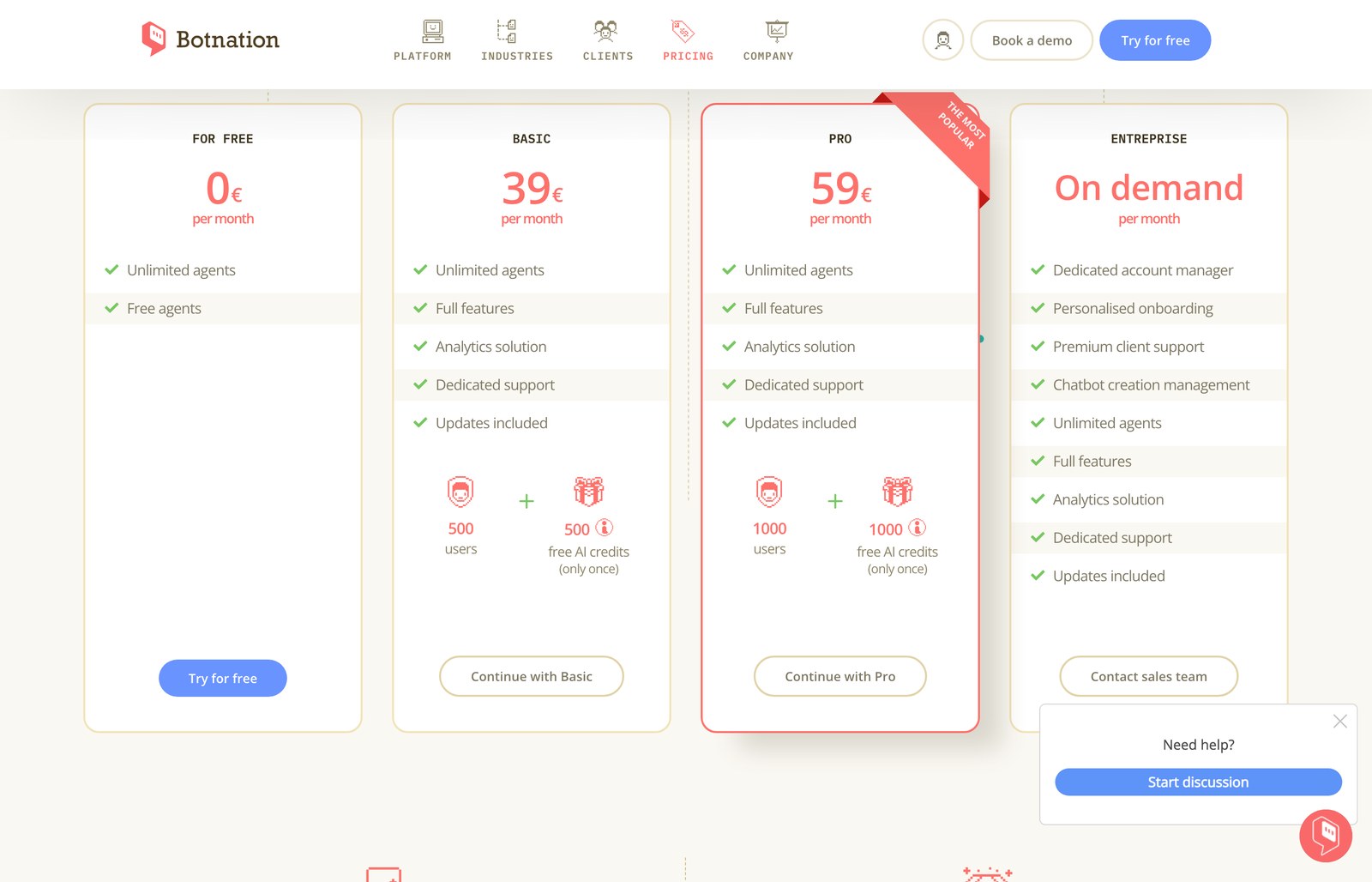 Screenshot of the Botnation pricing grid with the For free, Basic, Pro and Enterprise plans