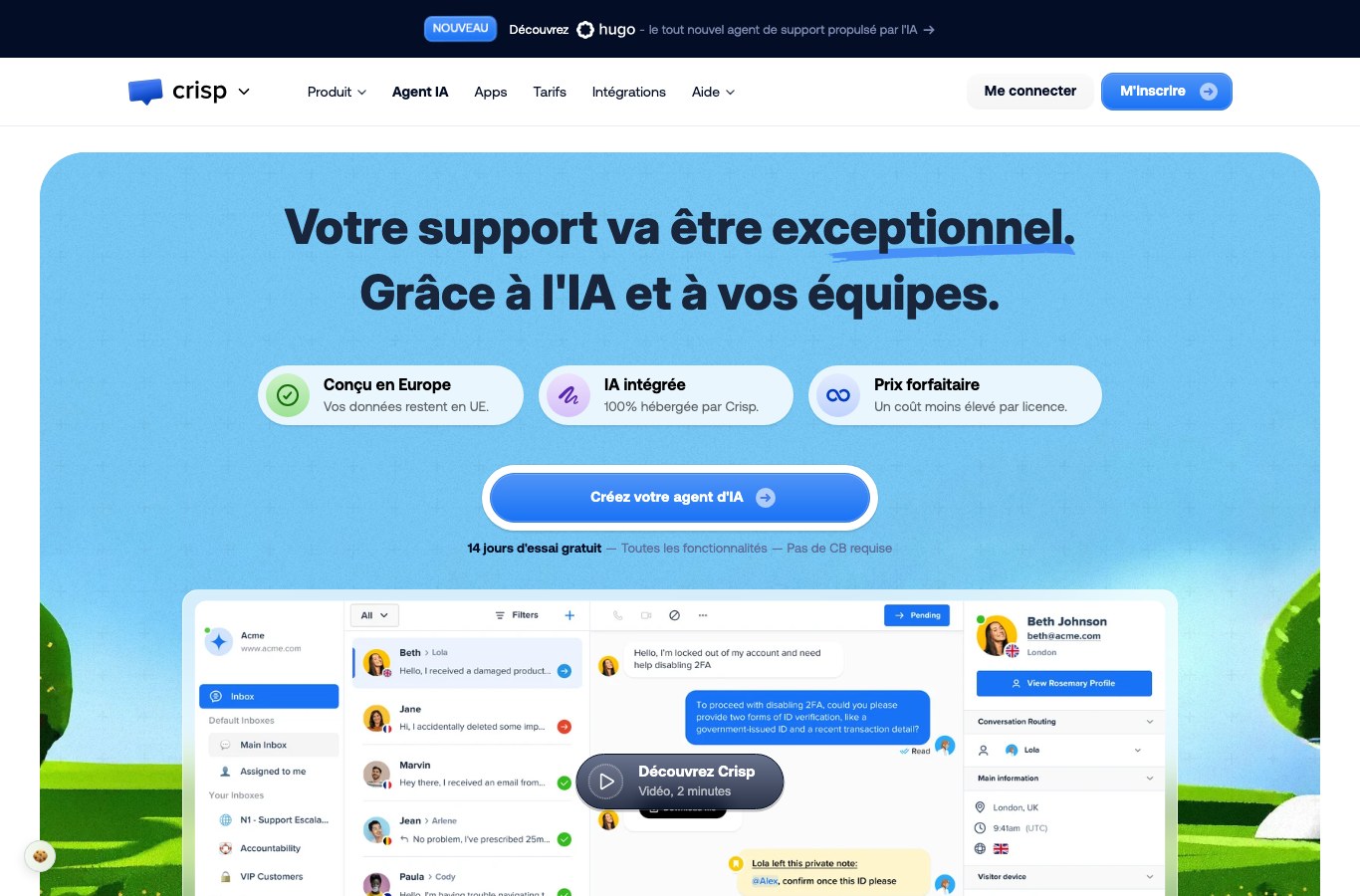 Capture d'écran de la page agent IA de l'éditeur français Crisp