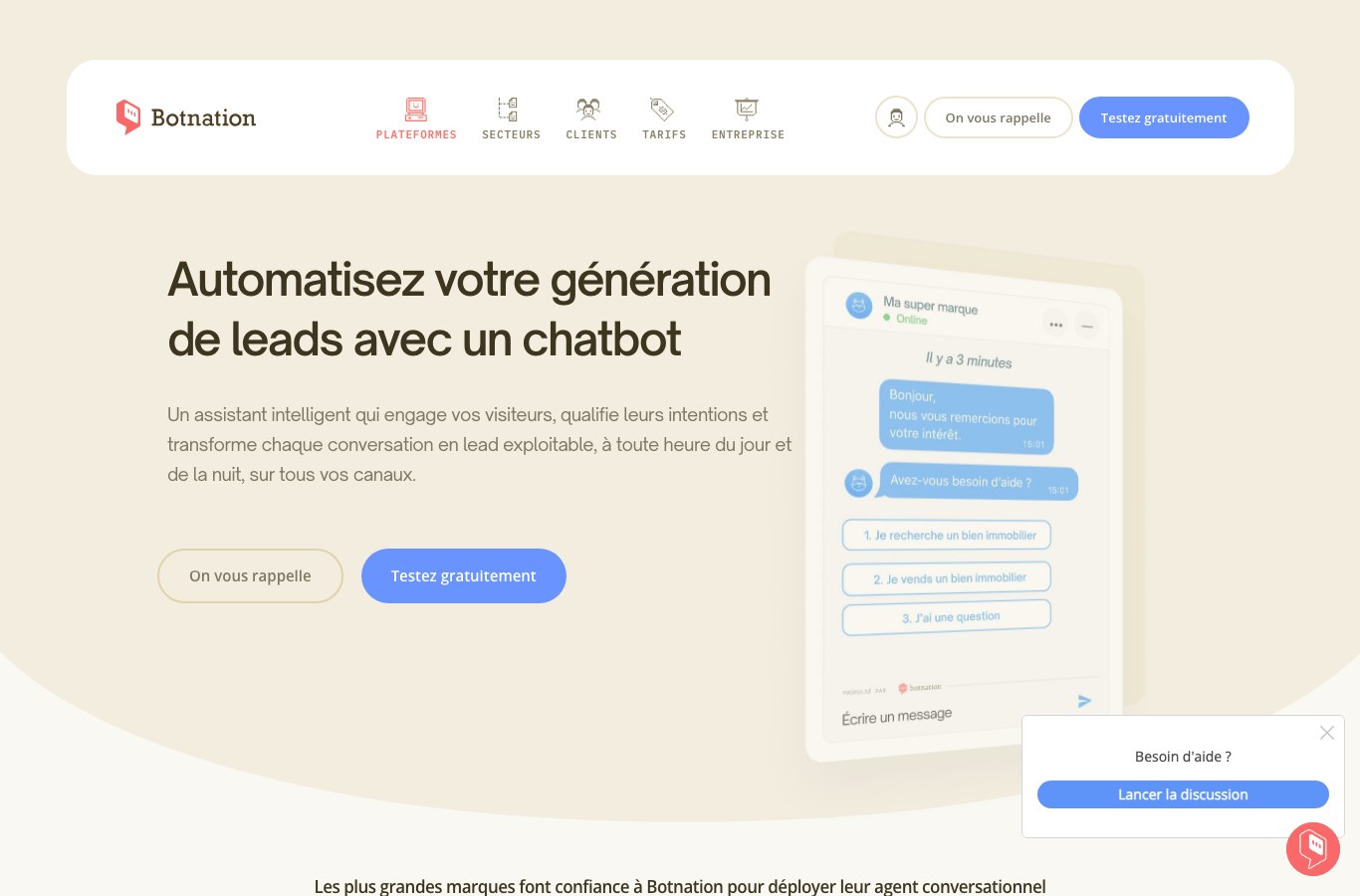 Capture d'écran de la page génération de leads de Botnation montrant un chatbot qui propose trois choix de qualification