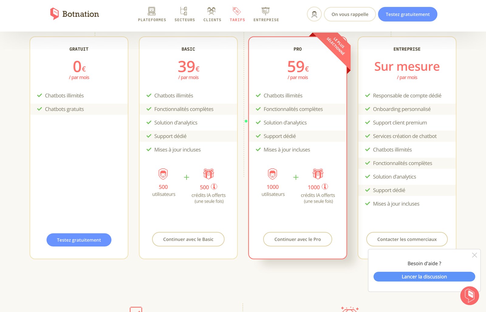 Capture d'écran de la grille tarifaire de Botnation avec les plans Gratuit, Basic, Pro et Entreprise