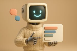 Mascotte robot a tete d ecran CRT presentant un tableau de classement de modeles d IA, style Chatbot Arena