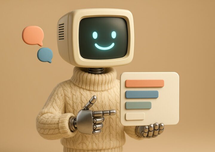 Mascotte robot a tete d ecran CRT presentant un tableau de classement de modeles d IA, style Chatbot Arena