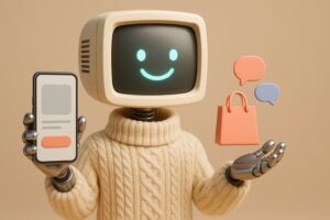 Mascotte Botnation tenant un smartphone affichant une fiche produit et un sac de courses, illustrant un chatbot de vente