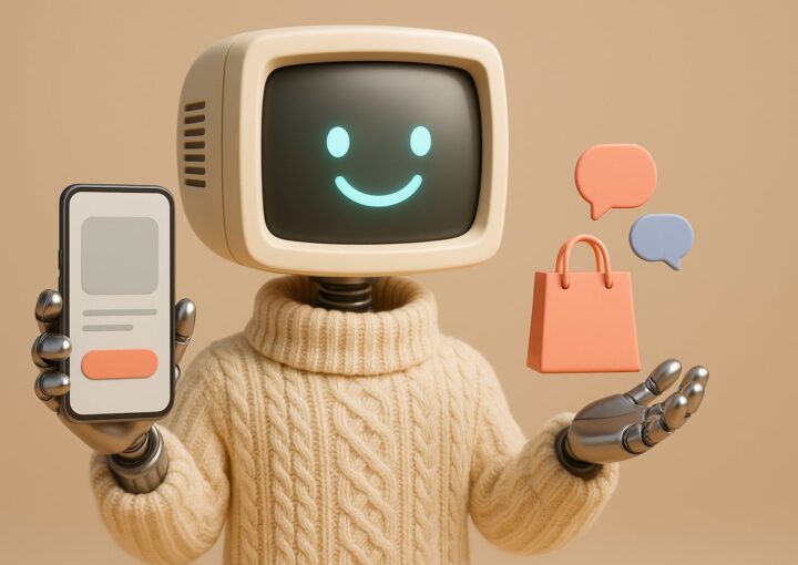 Mascotte Botnation tenant un smartphone affichant une fiche produit et un sac de courses, illustrant un chatbot de vente