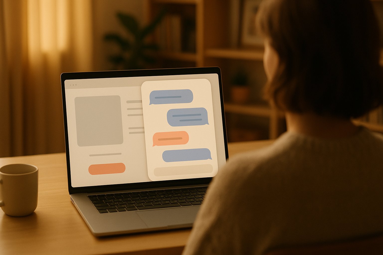 Personne vue de dos devant un ordinateur portable, une fiche produit à gauche et une conversation de chat ouverte à droite
