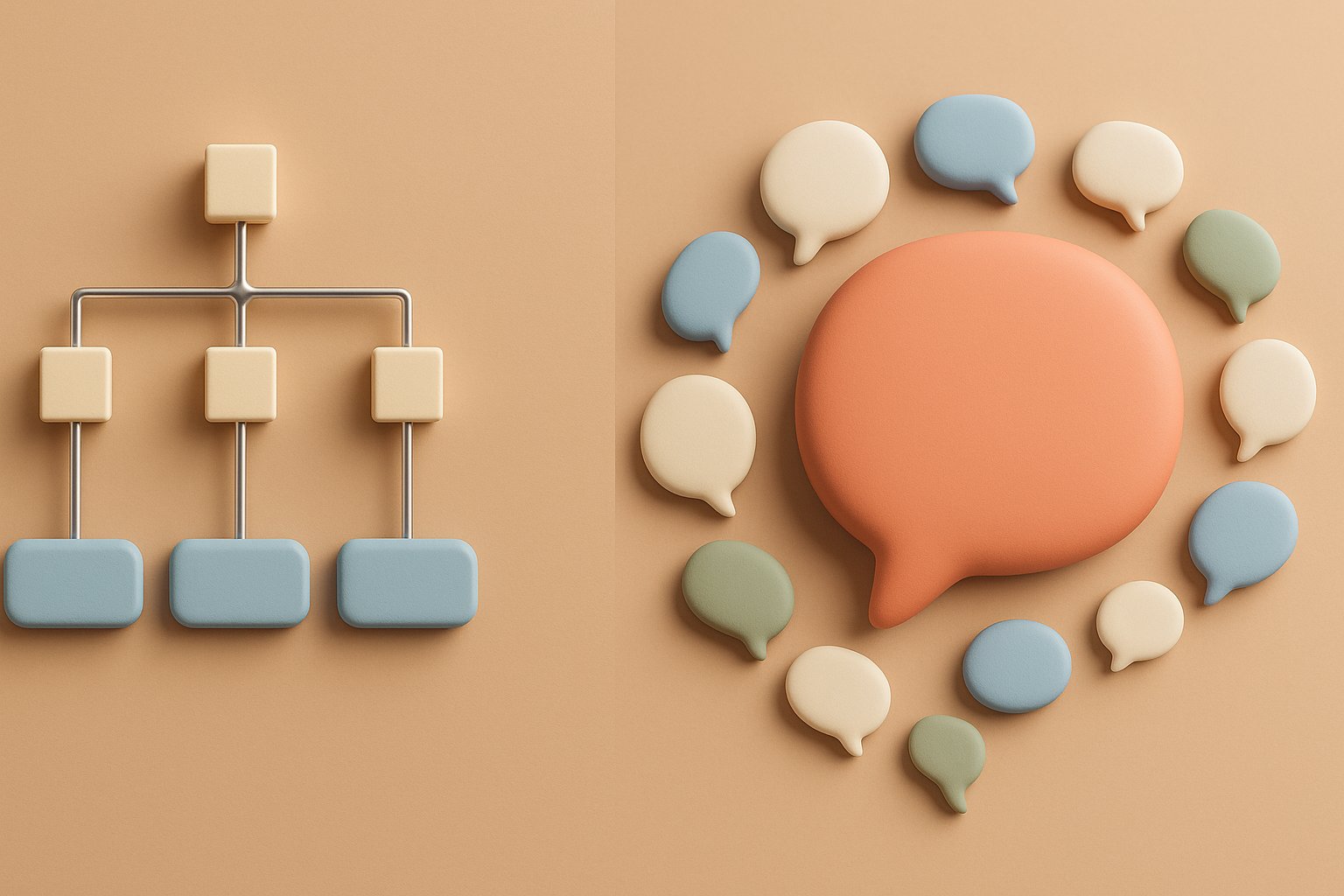 Visual comparison between a scripted chatbot with a rigid decision tree and a generative AI chatbot with free-form answers