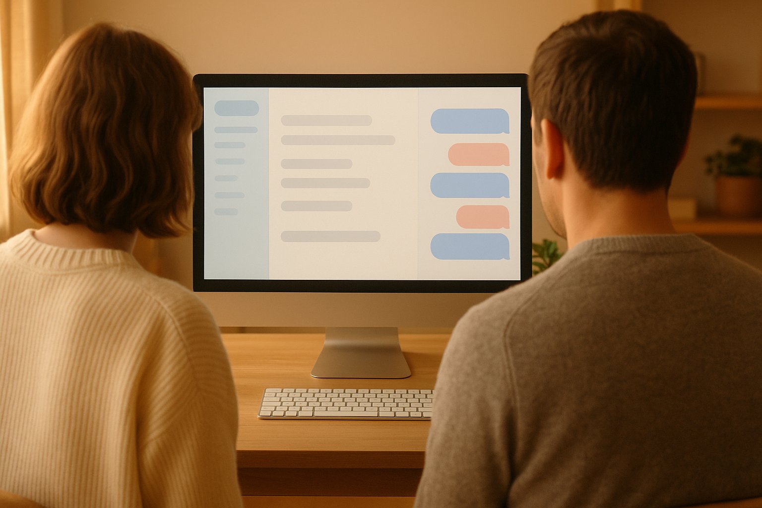Two colleagues reviewing the answers generated by an AI chatbot on a customer support console